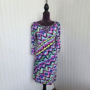 Joyous & Free Dress Colorful Tie Dye Print Bead Boat Neck Boho Strerch Jersey XS